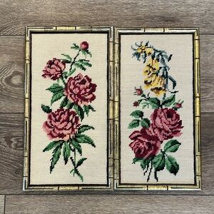 Vintage Floral Embroidery Wall Art Set x 2 - Pink and Yellow Flowers Bamboo